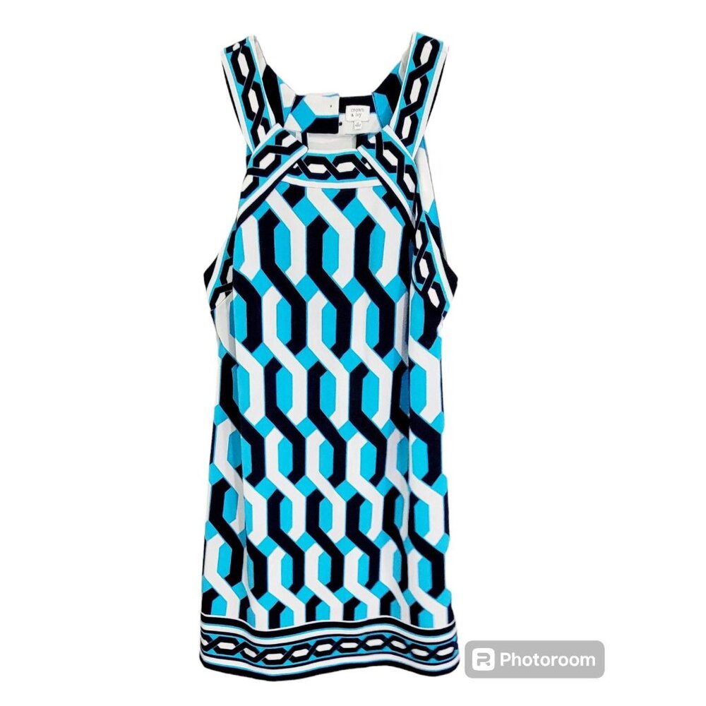 Crown Ivy Womens Blue White Geometric Halter Neck Dress‎ Sleeveless Size 10